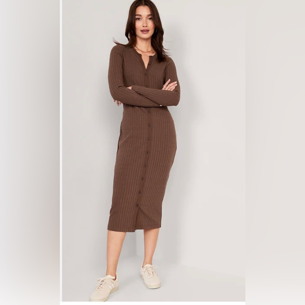 NWT Fitted Rib-Knit Midi Button-Front Dress for Women - Old Navy